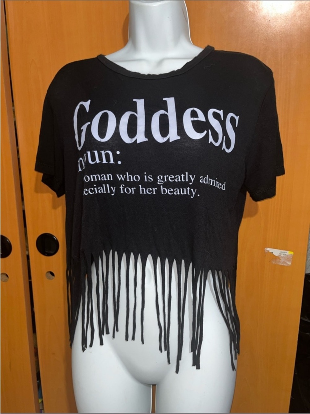 YMI Black Fringe Crop Tee with White Front Graphic